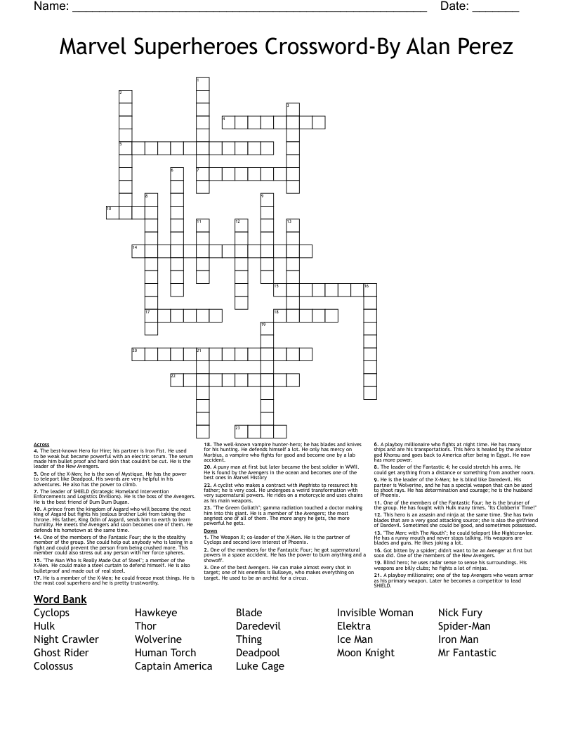 Marvel Superheroes Crossword-By Alan Perez
