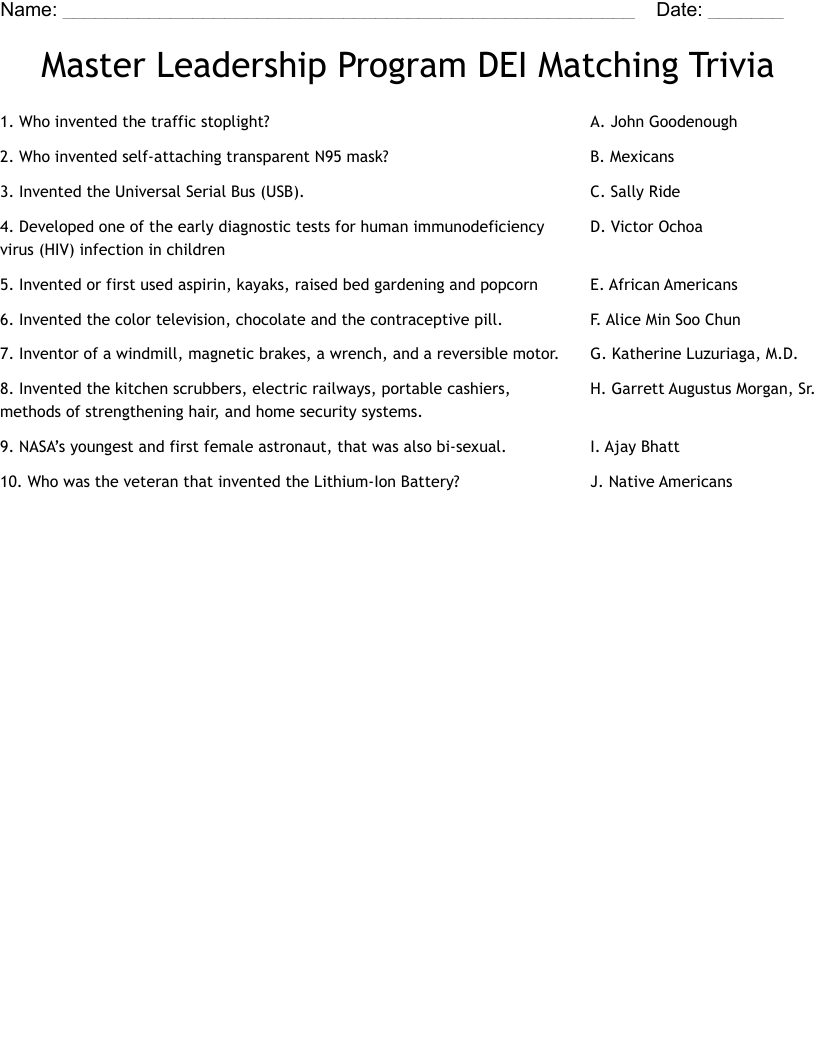 Master Leadership Program DEI Matching Trivia Worksheet