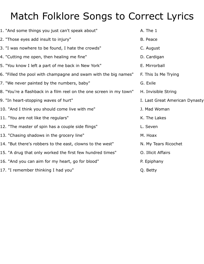 Match Folklore Songs to Correct Lyrics Worksheet