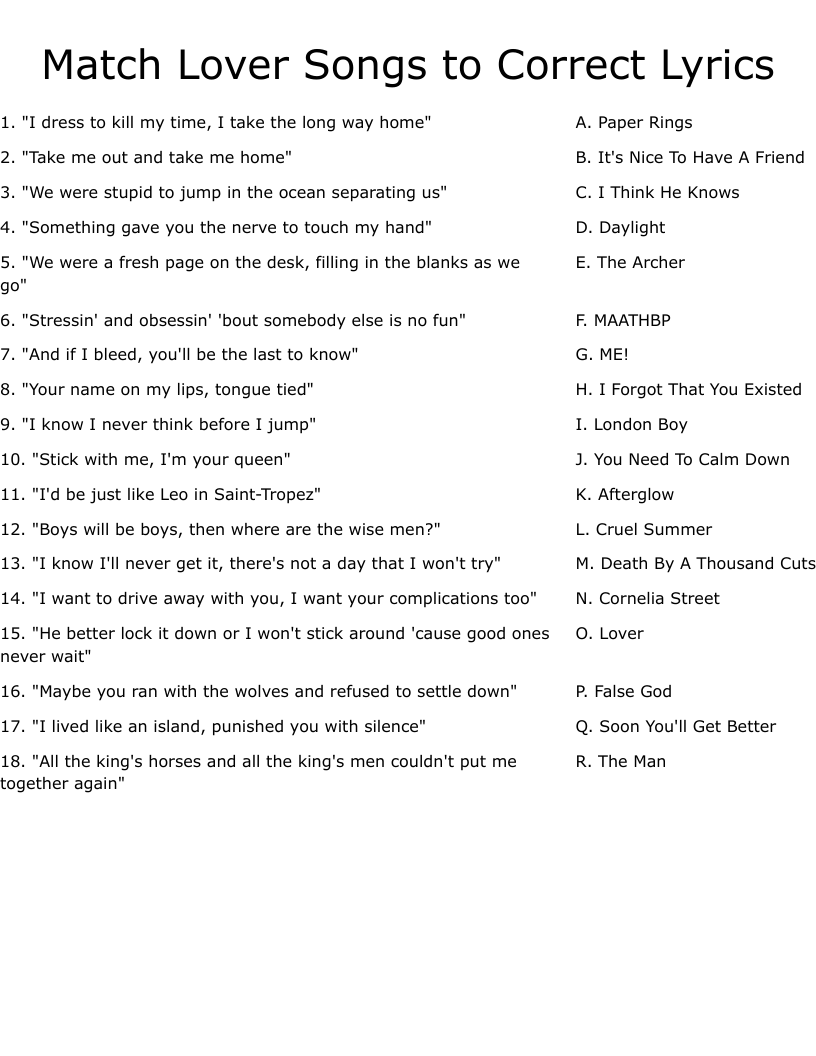 Match Lover Songs to Correct Lyrics Worksheet