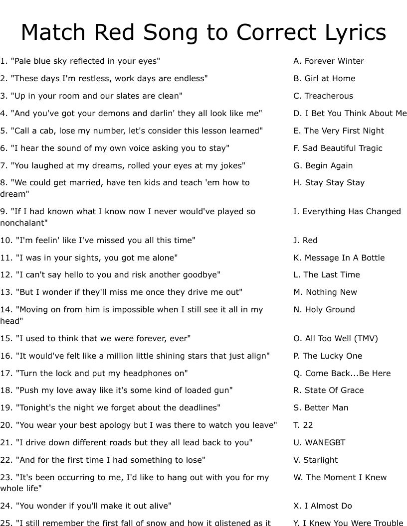 Match Red Song to Correct Lyrics Worksheet