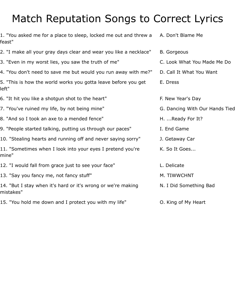 Match Reputation Songs to Correct Lyrics Worksheet