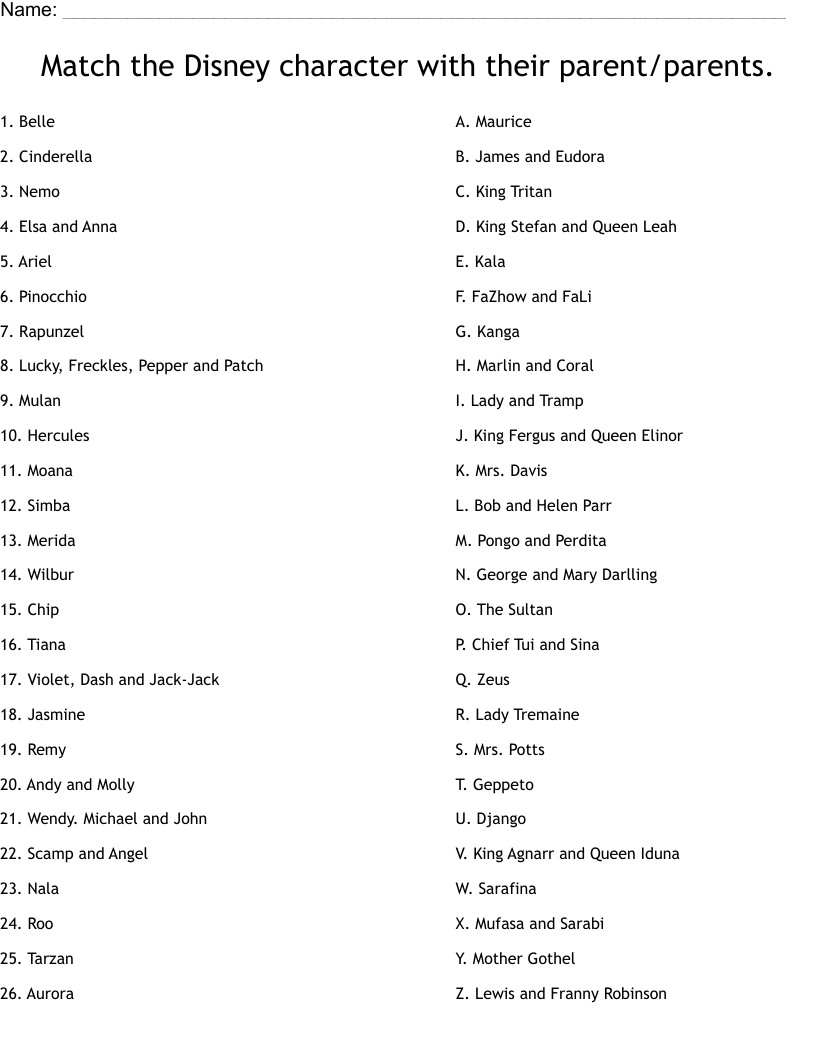 Match the Disney character with their parent/parents. Worksheet