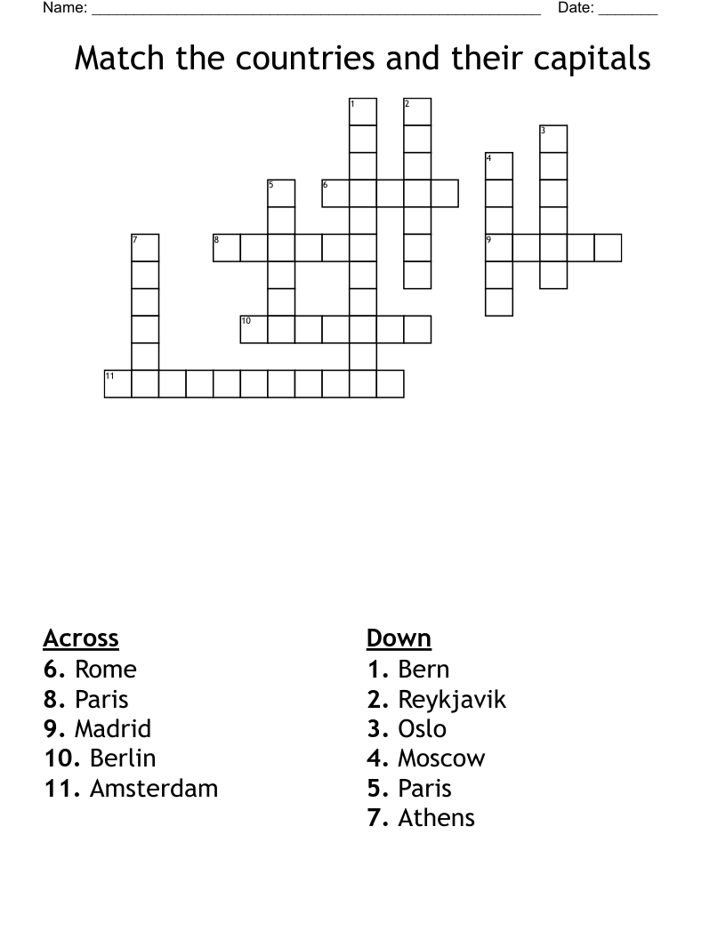 Match the countries and their capitals Crossword