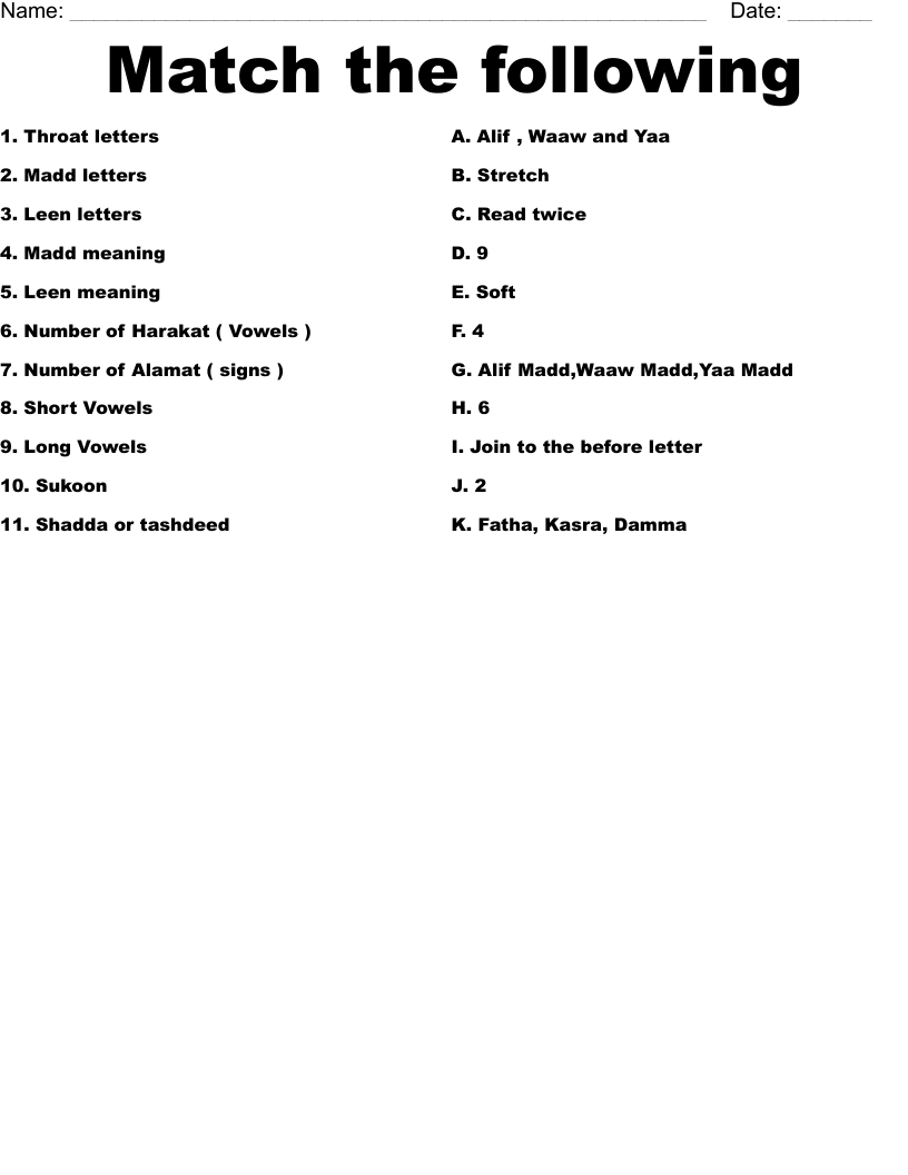 Match the following Worksheet
