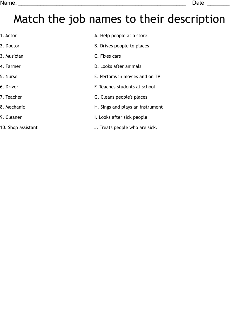 Match the job names to their description  Worksheet