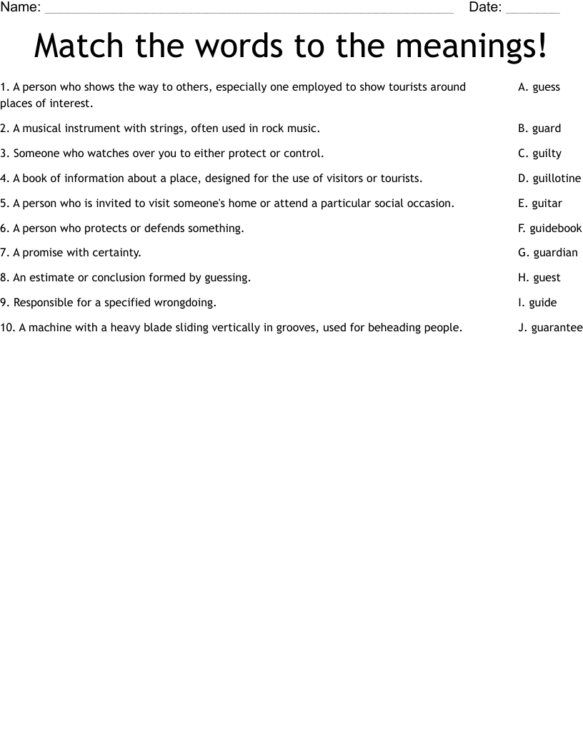 Match the words to the meanings!  Worksheet