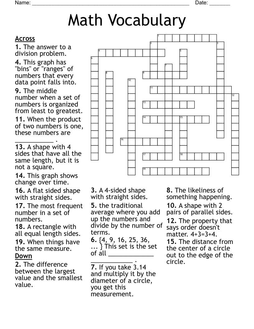 Math Vocabulary Crossword