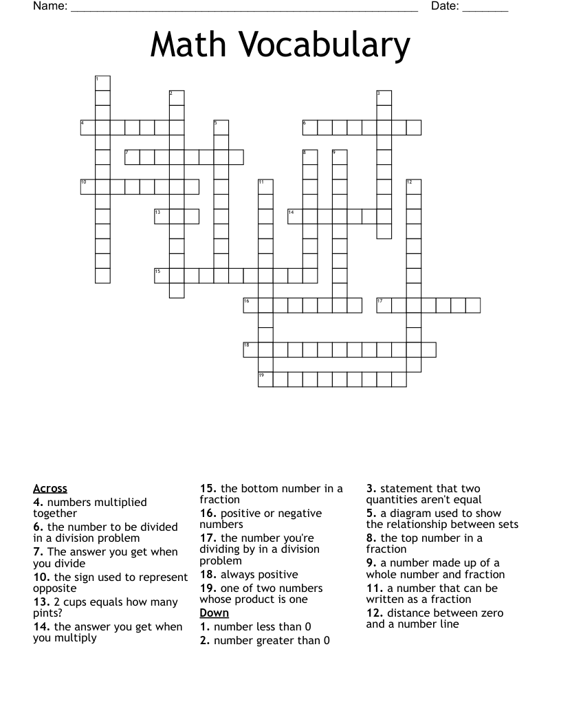 Math Vocabulary Crossword