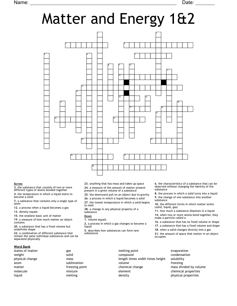 Matter and Energy 1&2 Crossword - WordMint