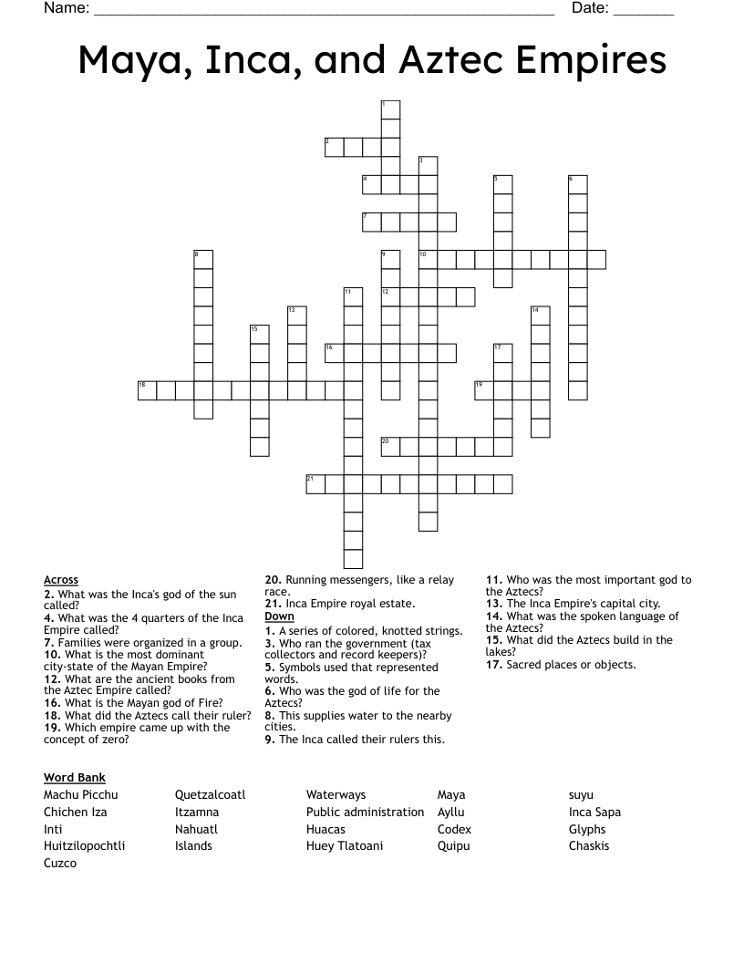 Maya, Inca, and Aztec Empires Crossword