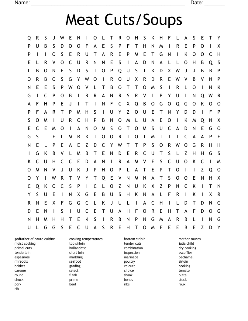 Meat Cuts/Soups Word Search