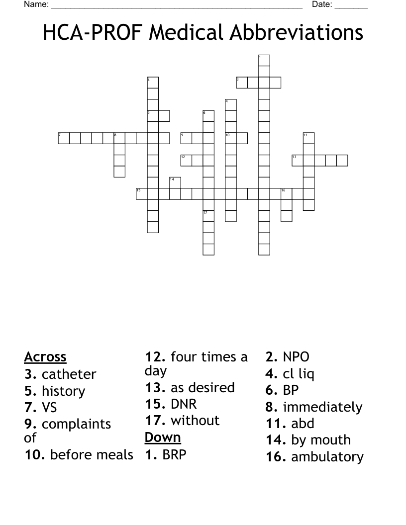 HCA-PROF Medical Abbreviations Crossword