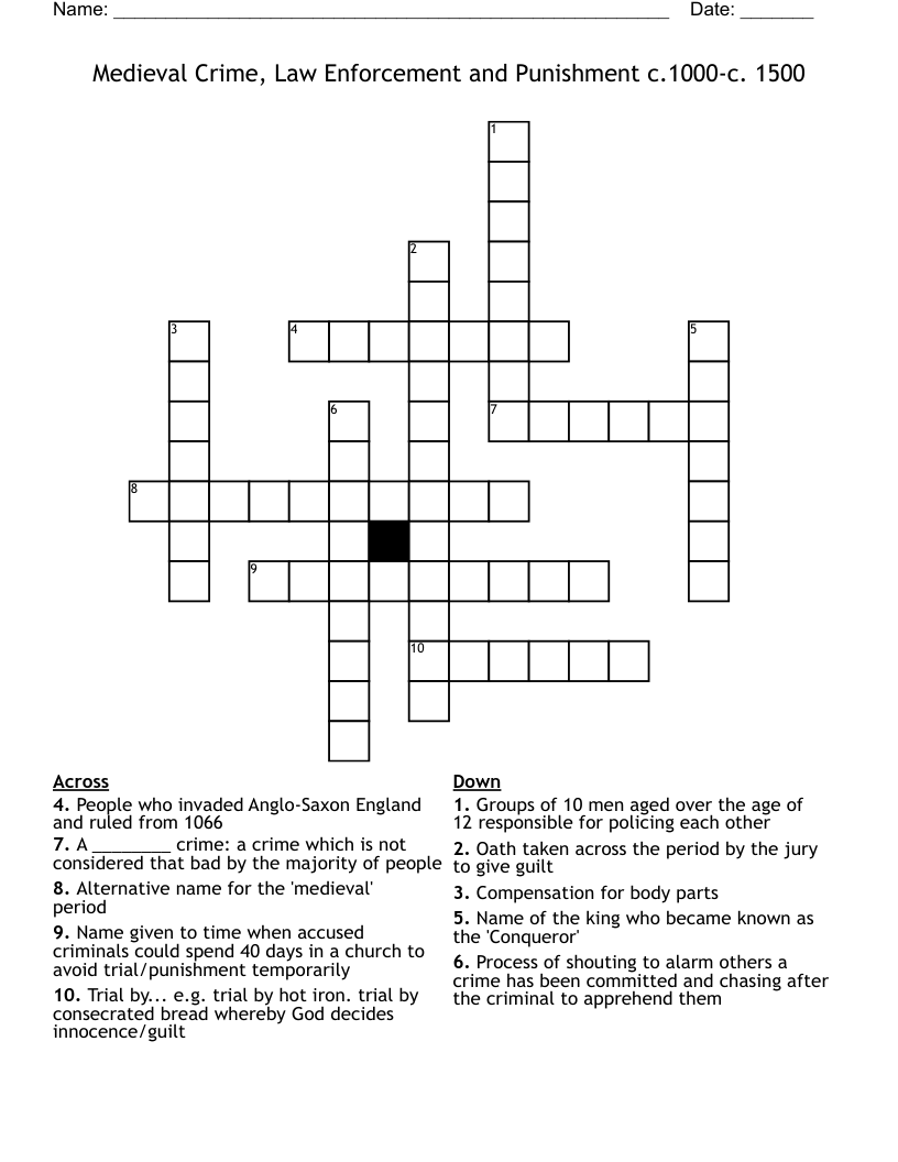 Medieval Crime, Law Enforcement and Punishment c.1000-c. 1500 Crossword