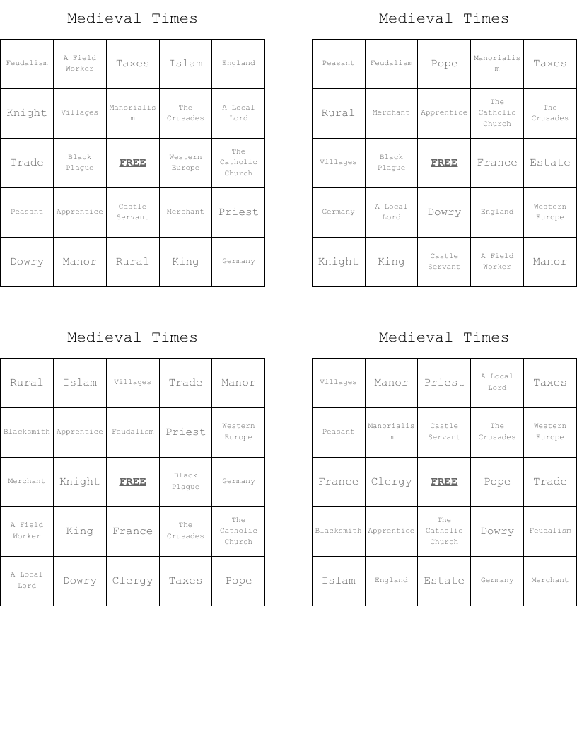 Medieval Times Bingo Cards