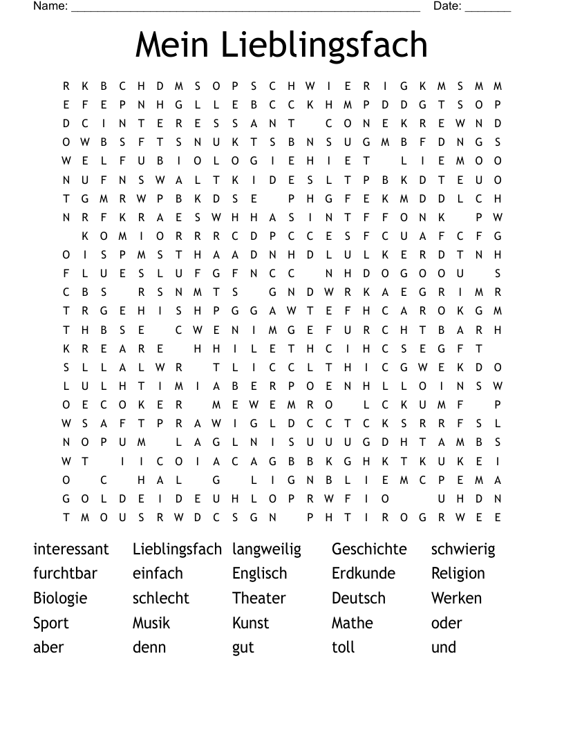 Mein Lieblingsfach Word Search