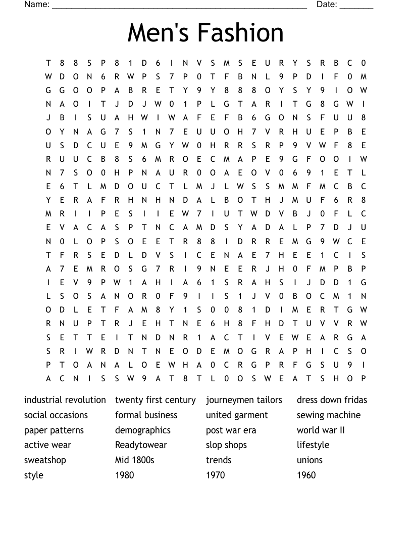 Men's Fashion  Word Search