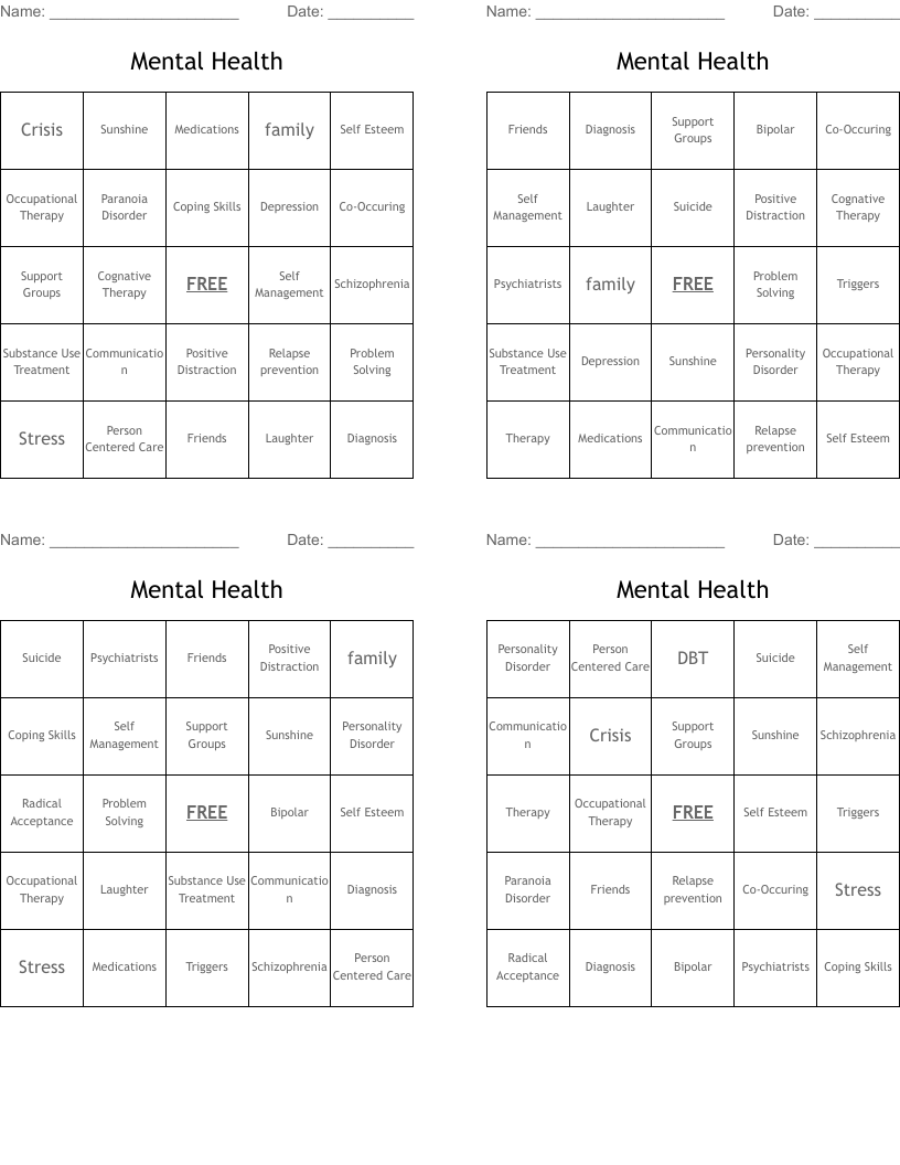 Mental Health  Bingo Cards
