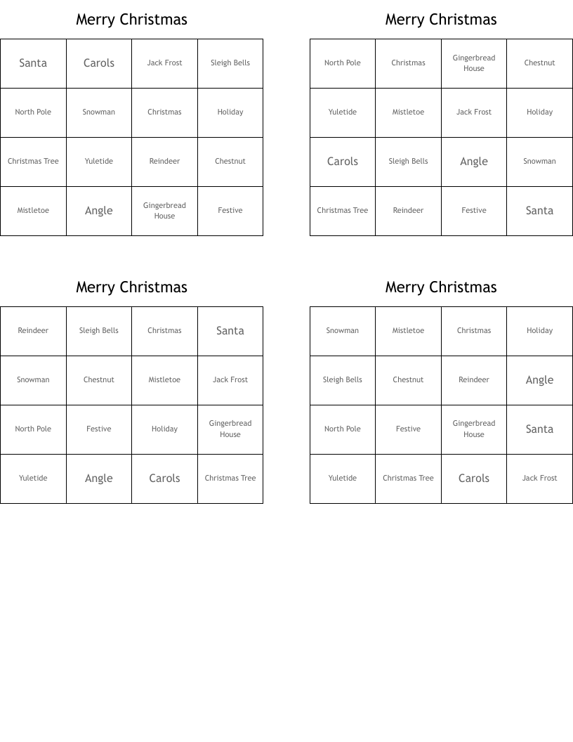 Merry Christmas Bingo Cards