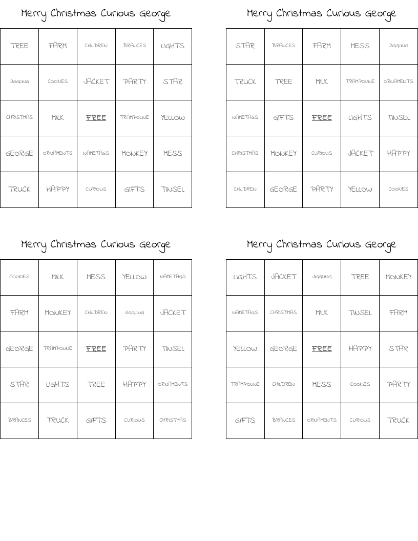 Merry Christmas Curious George Bingo Cards