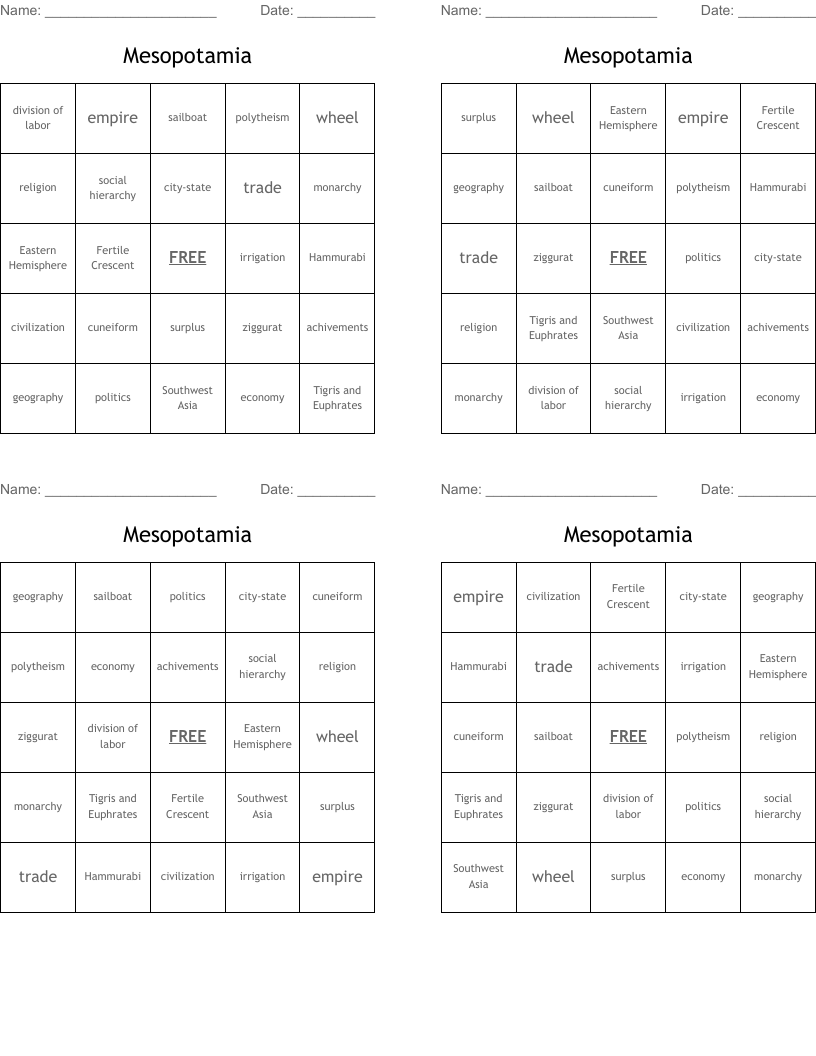 Mesopotamia Bingo Cards