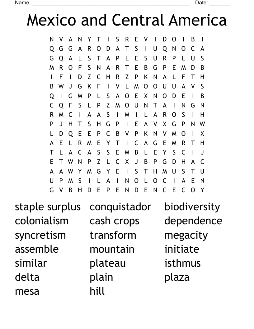 Mexico and Central America Word Search