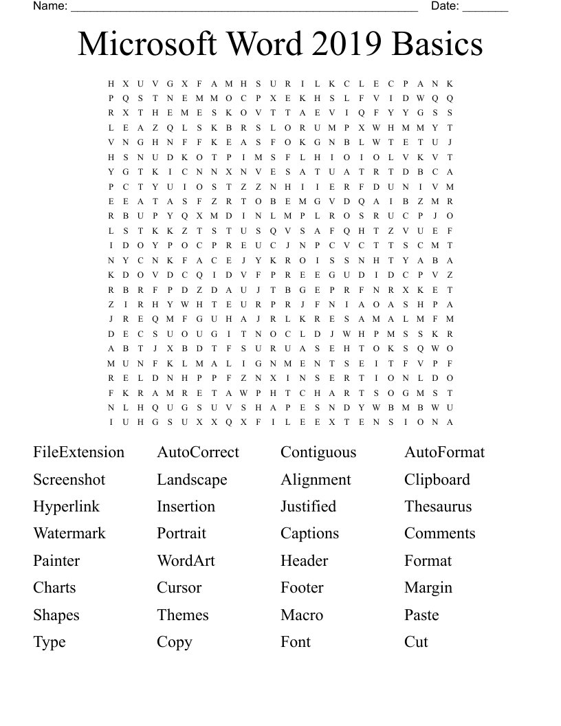 Microsoft Word 2019 Basics Word Search