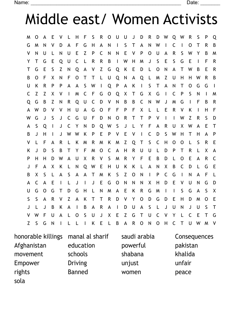 Middle east/ Women Activists Word Search