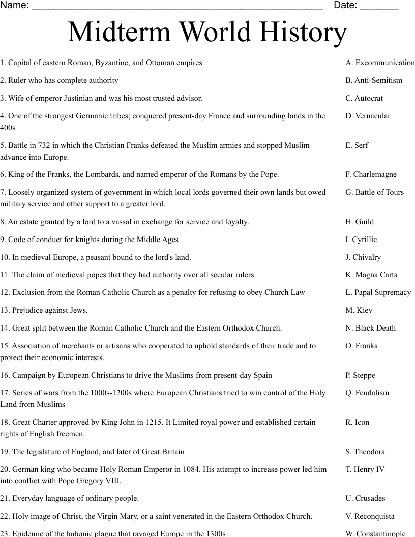 Midterm World History Worksheet