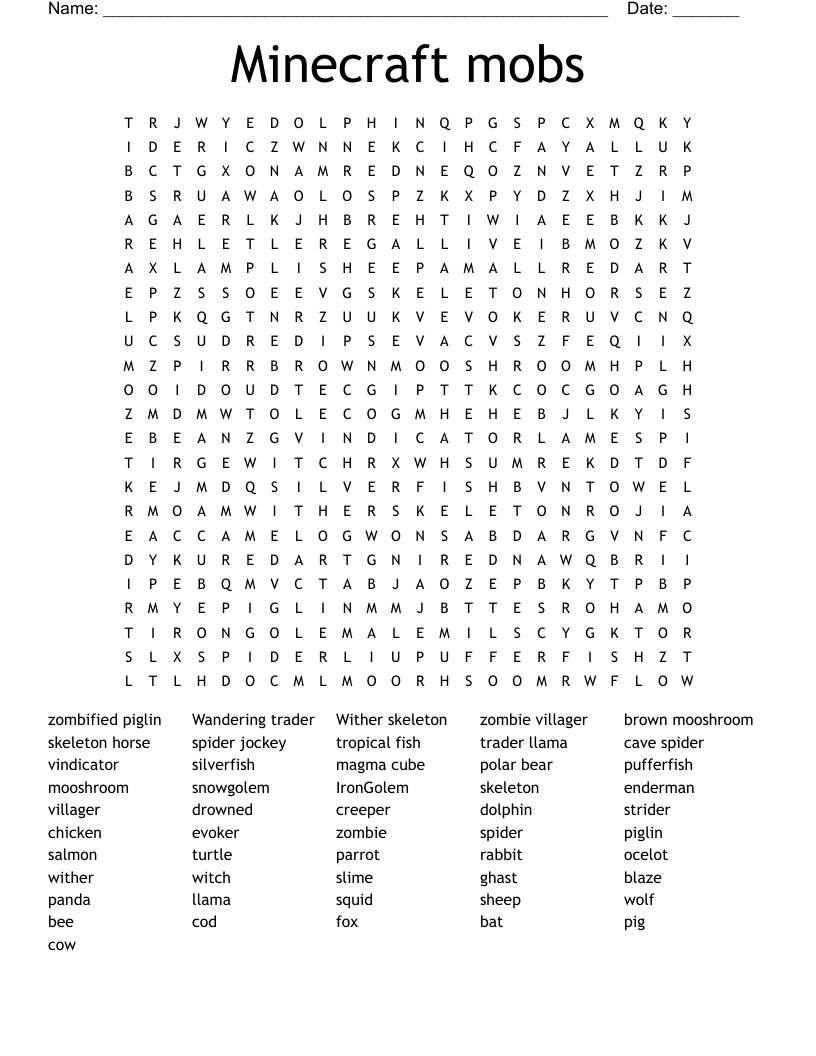 Minecraft mobs Word Search