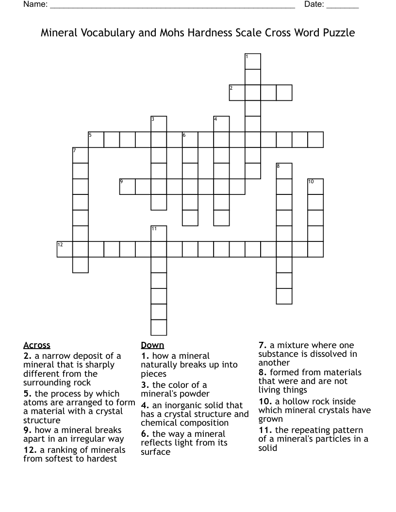 Mineral Vocabulary and Mohs Hardness Scale Cross Word Puzzle