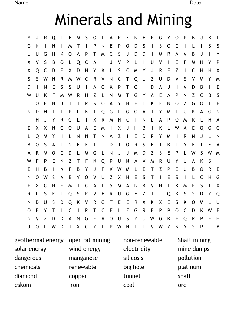 Minerals and Mining Word Search