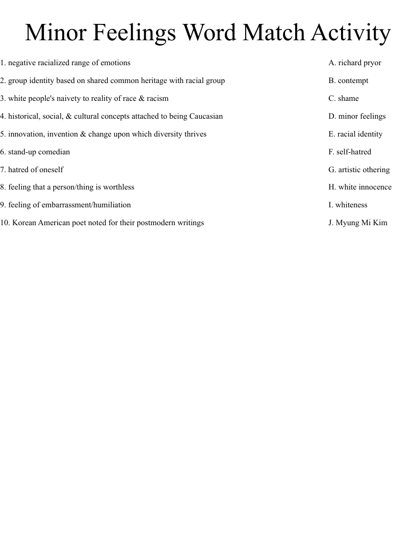 Minor Feelings Word Match Activity  Worksheet
