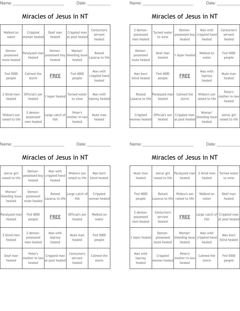 Miracles of Jesus in NT Bingo Cards