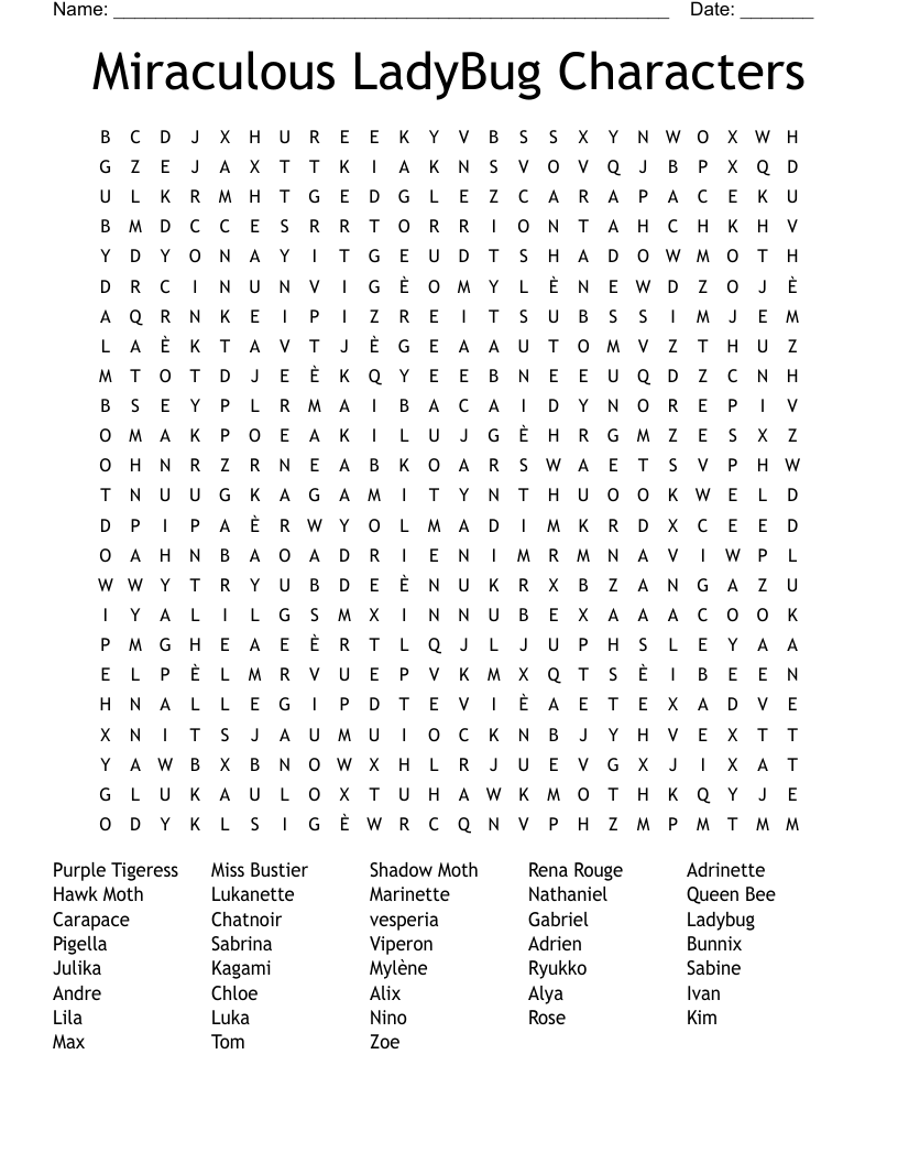 Miraculous LadyBug Characters Word Search