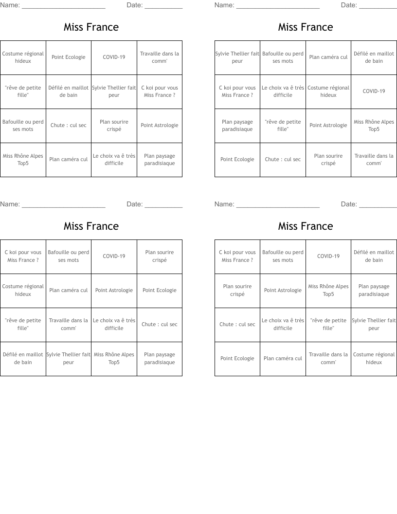 Miss France Bingo Cards