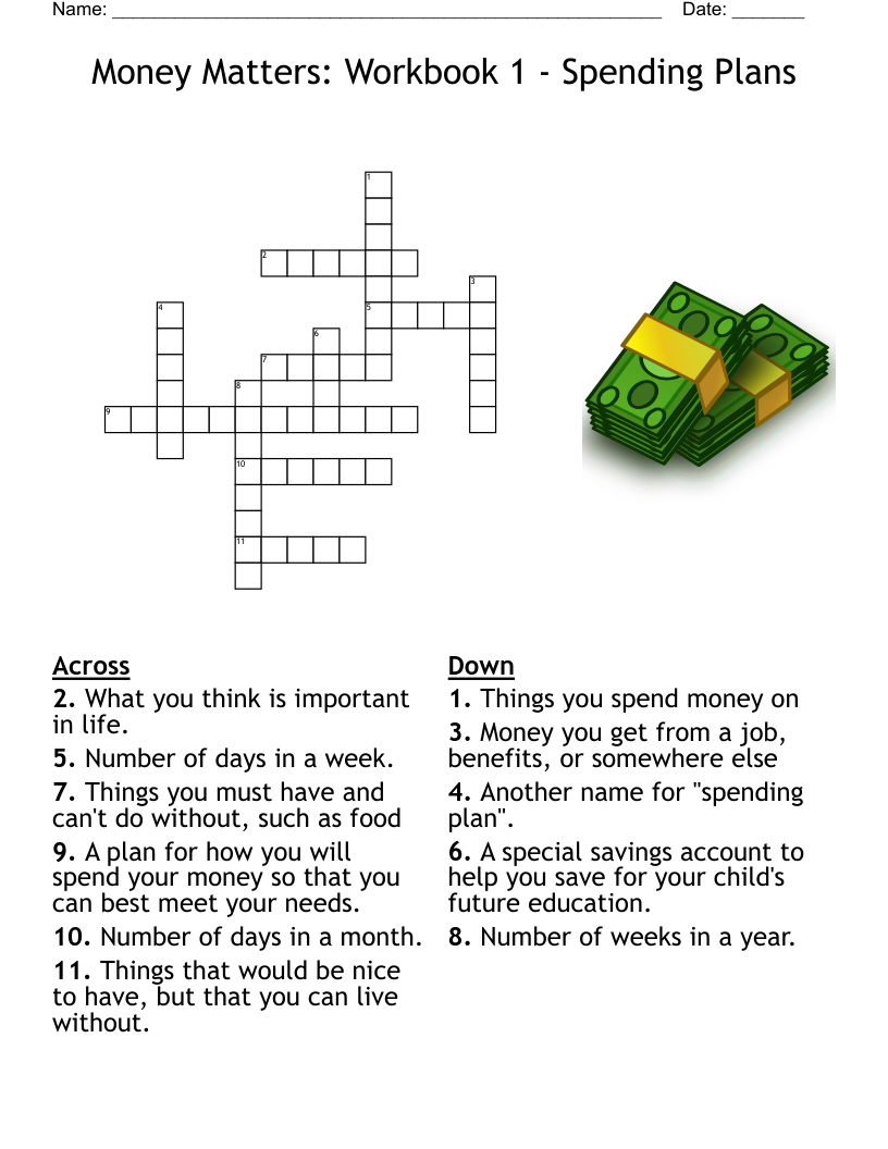 Money Matters: Workbook 1 - Spending Plans Crossword