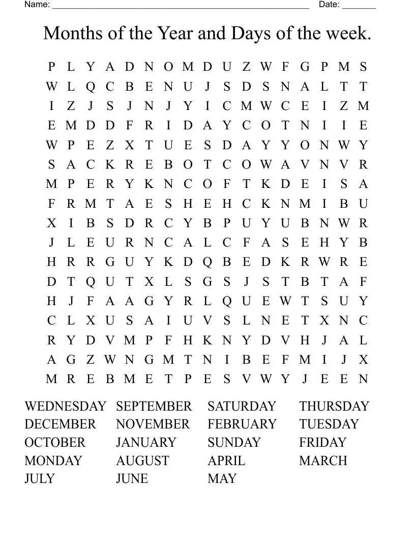 Months of the Year and Days of the week. Word Search