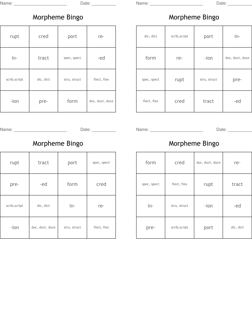 Morpheme Bingo