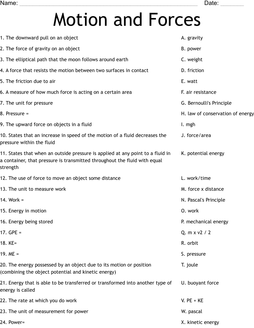 Motion and Forces Worksheet