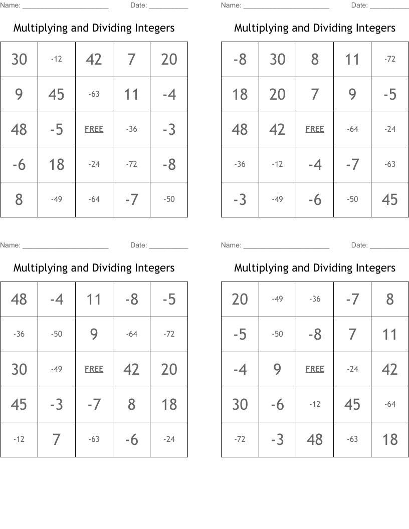 Multiplying and Dividing Integers Bingo Cards