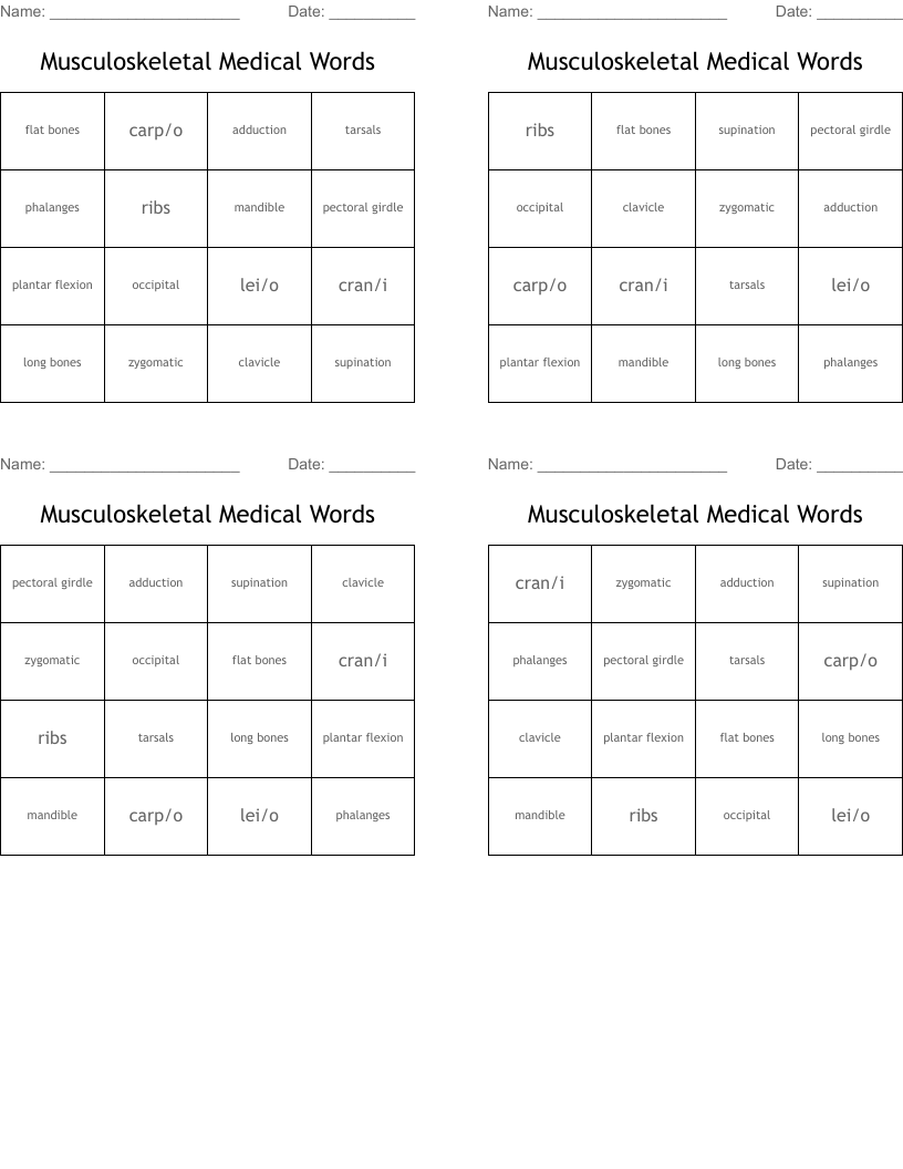 Musculoskeletal Medical Words Bingo Cards