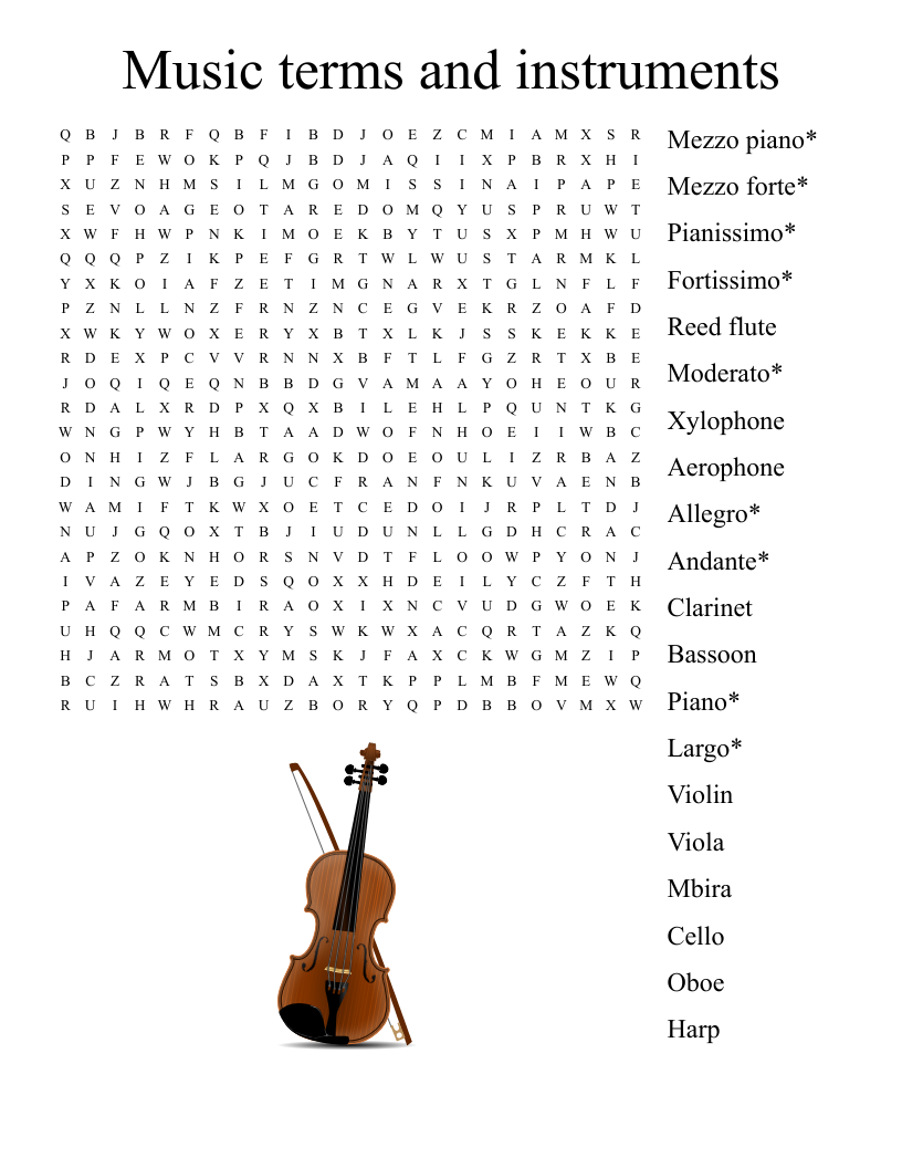Music terms and instruments Word Search