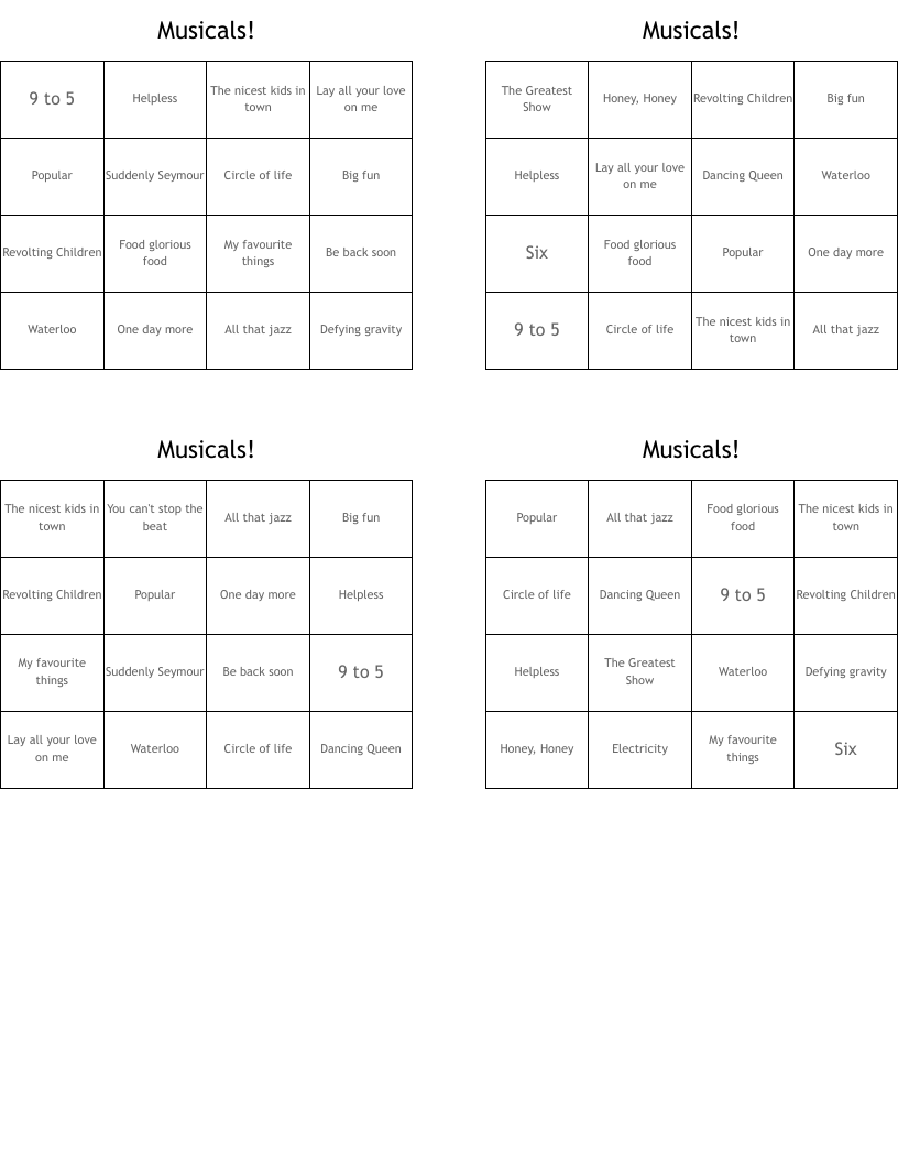 Musicals! Bingo Cards