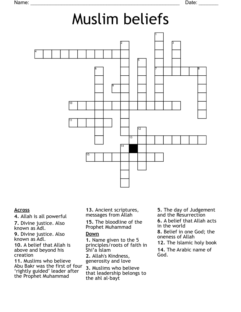 Muslim beliefs Crossword