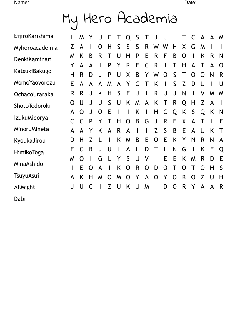 My Hero Academia Word Search