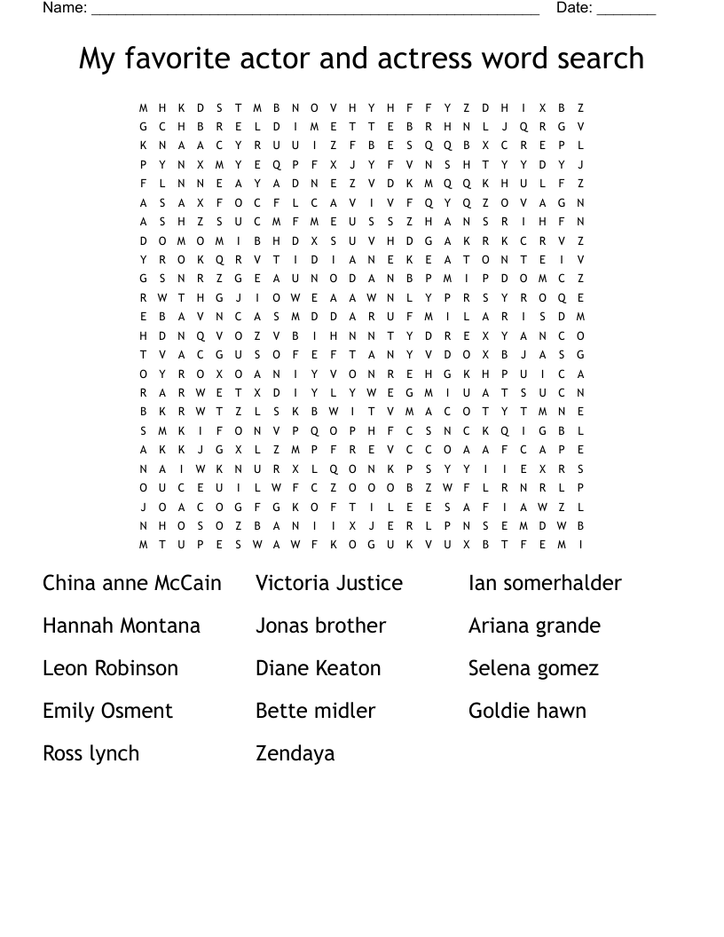 My favorite actor and actress word search 