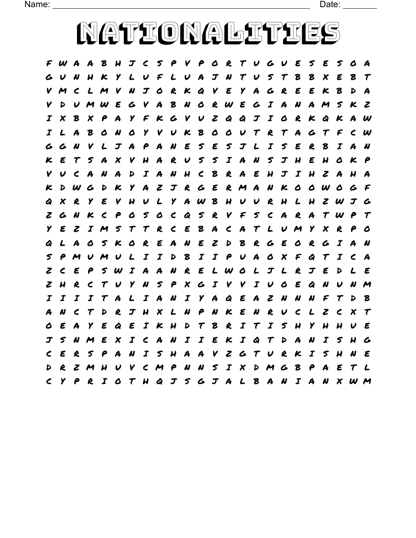 NATIONALITIES Word Search