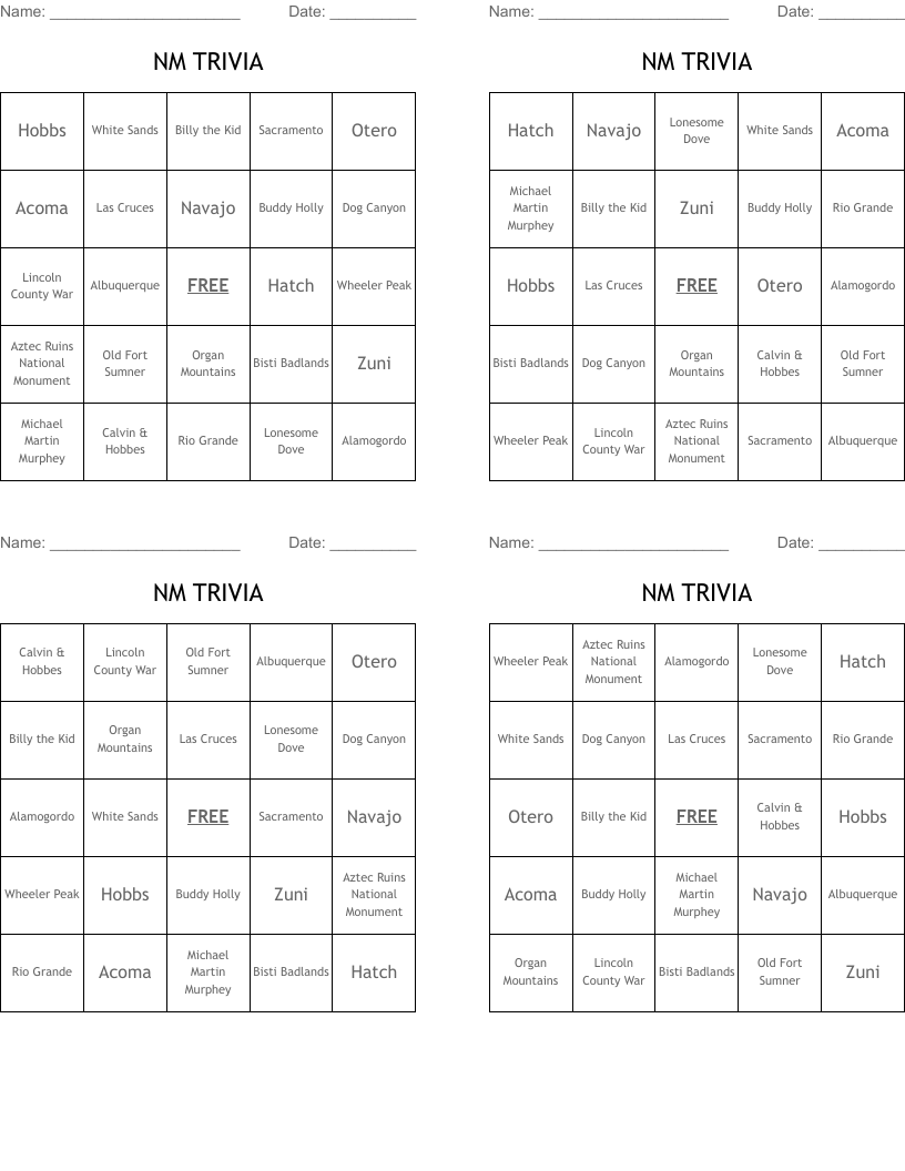 NM TRIVIA Bingo Cards