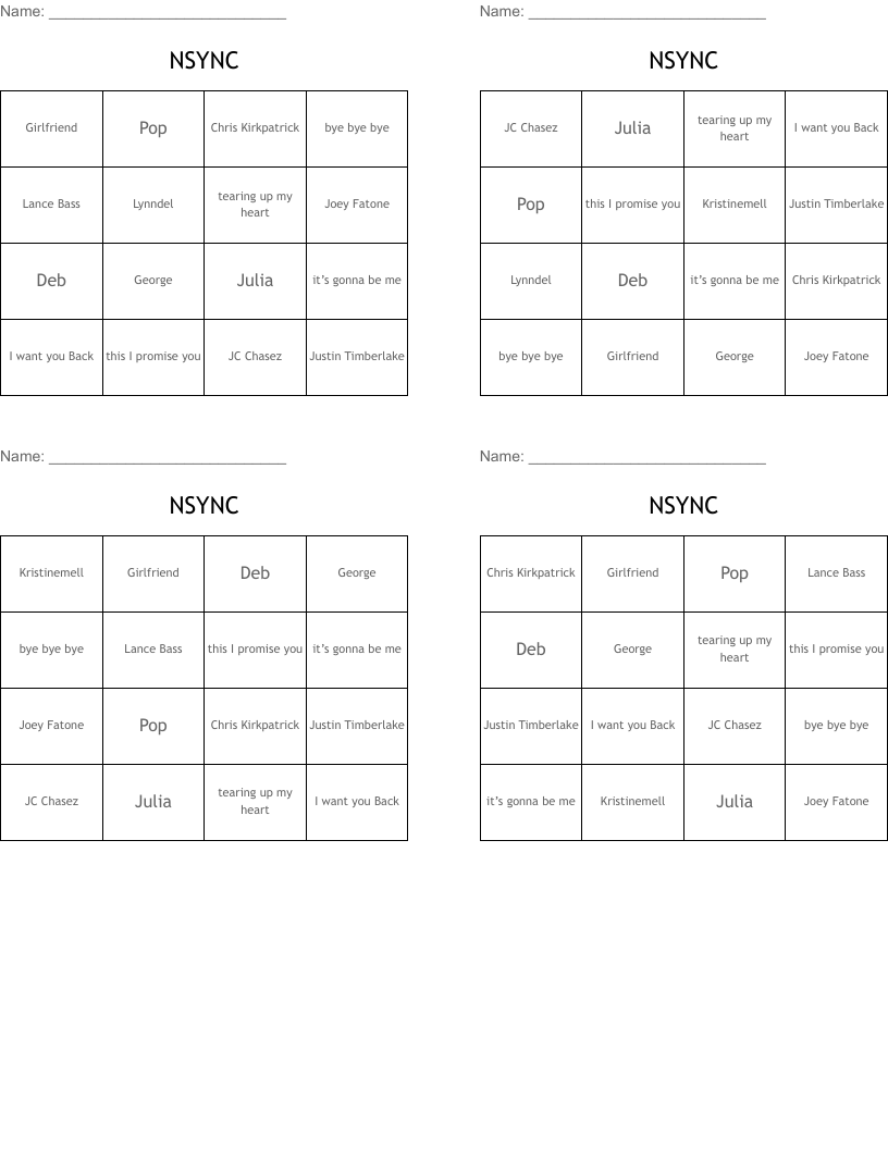 NSYNC  Bingo Cards